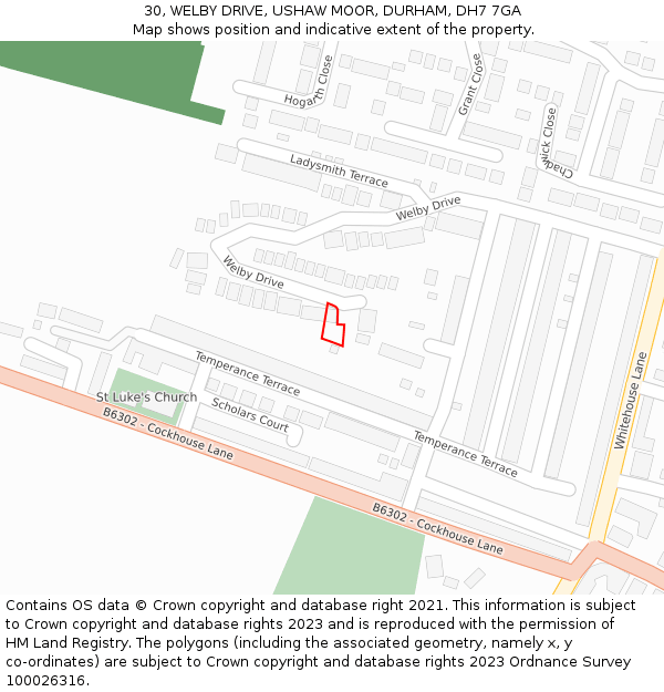 30, WELBY DRIVE, USHAW MOOR, DURHAM, DH7 7GA: Location map and indicative extent of plot