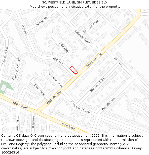 30, WESTFIELD LANE, SHIPLEY, BD18 1LX: Location map and indicative extent of plot
