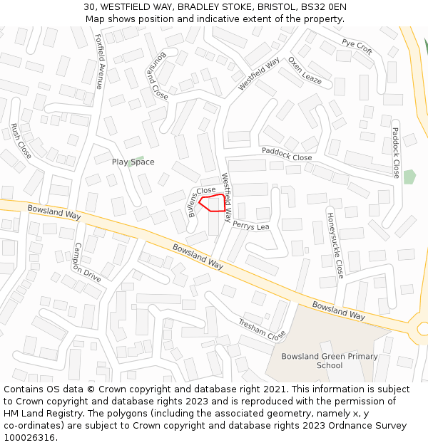 30, WESTFIELD WAY, BRADLEY STOKE, BRISTOL, BS32 0EN: Location map and indicative extent of plot