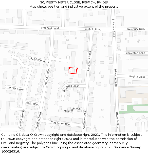 30, WESTMINSTER CLOSE, IPSWICH, IP4 5EF: Location map and indicative extent of plot