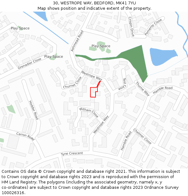 30, WESTROPE WAY, BEDFORD, MK41 7YU: Location map and indicative extent of plot