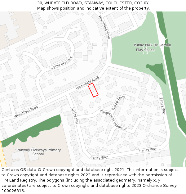 30, WHEATFIELD ROAD, STANWAY, COLCHESTER, CO3 0YJ: Location map and indicative extent of plot