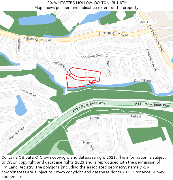 30, WHITSTERS HOLLOW, BOLTON, BL1 6TY: Location map and indicative extent of plot