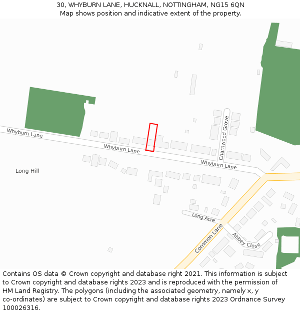 30, WHYBURN LANE, HUCKNALL, NOTTINGHAM, NG15 6QN: Location map and indicative extent of plot