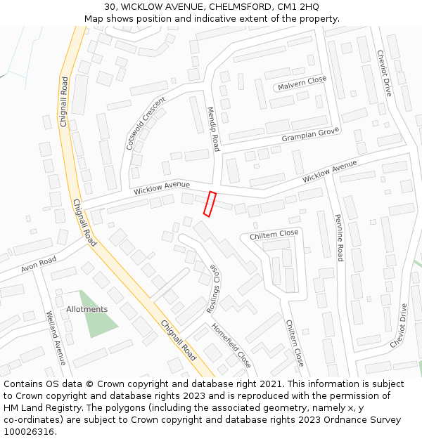 30, WICKLOW AVENUE, CHELMSFORD, CM1 2HQ: Location map and indicative extent of plot