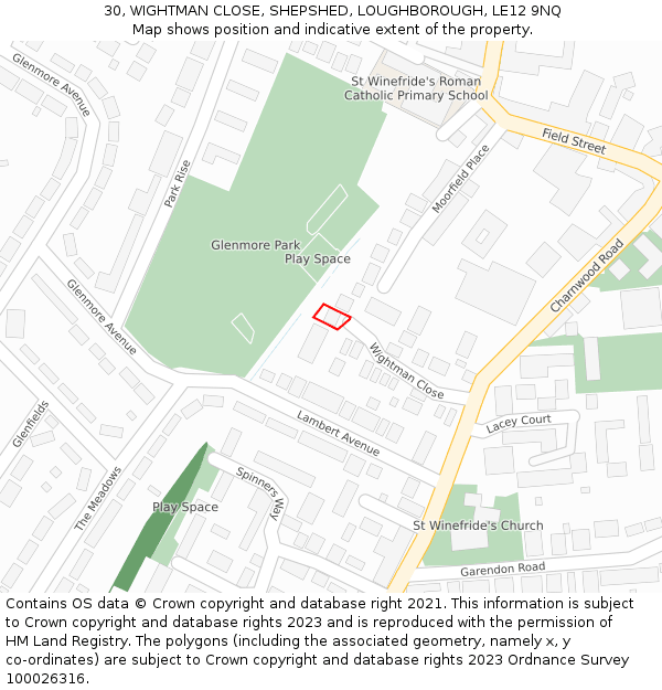 30, WIGHTMAN CLOSE, SHEPSHED, LOUGHBOROUGH, LE12 9NQ: Location map and indicative extent of plot
