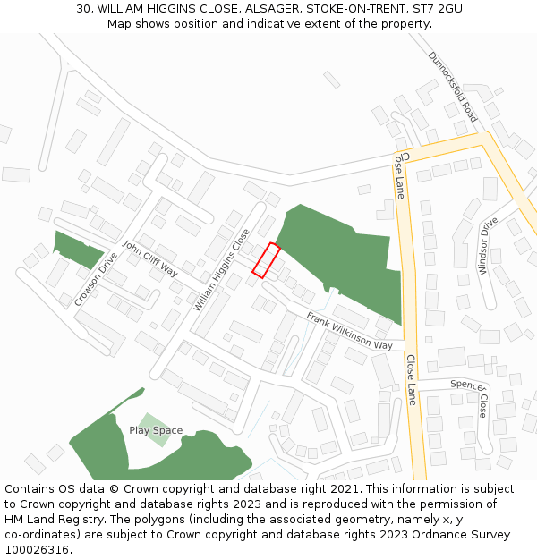 30, WILLIAM HIGGINS CLOSE, ALSAGER, STOKE-ON-TRENT, ST7 2GU: Location map and indicative extent of plot