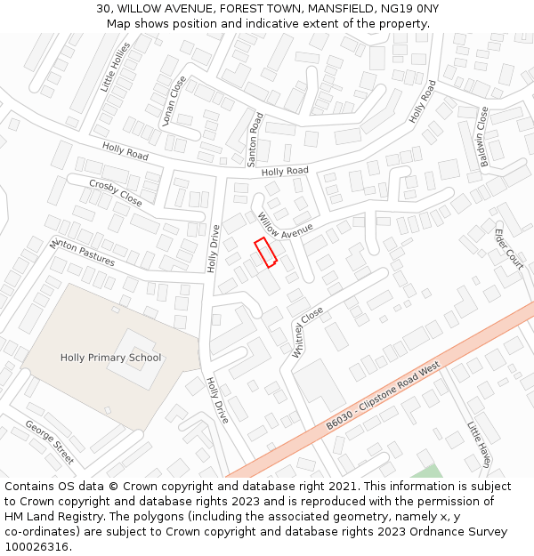 30, WILLOW AVENUE, FOREST TOWN, MANSFIELD, NG19 0NY: Location map and indicative extent of plot
