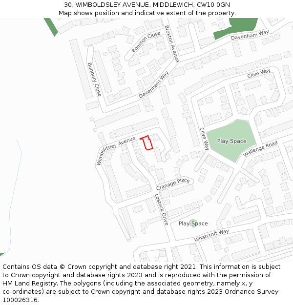 30, WIMBOLDSLEY AVENUE, MIDDLEWICH, CW10 0GN: Location map and indicative extent of plot