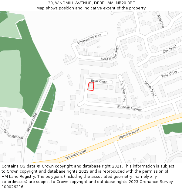 30, WINDMILL AVENUE, DEREHAM, NR20 3BE: Location map and indicative extent of plot