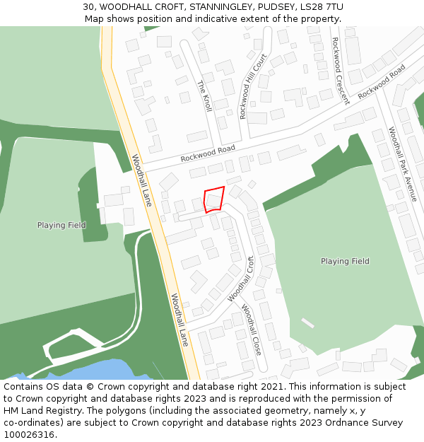 30, WOODHALL CROFT, STANNINGLEY, PUDSEY, LS28 7TU: Location map and indicative extent of plot