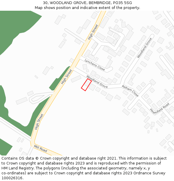 30, WOODLAND GROVE, BEMBRIDGE, PO35 5SG: Location map and indicative extent of plot