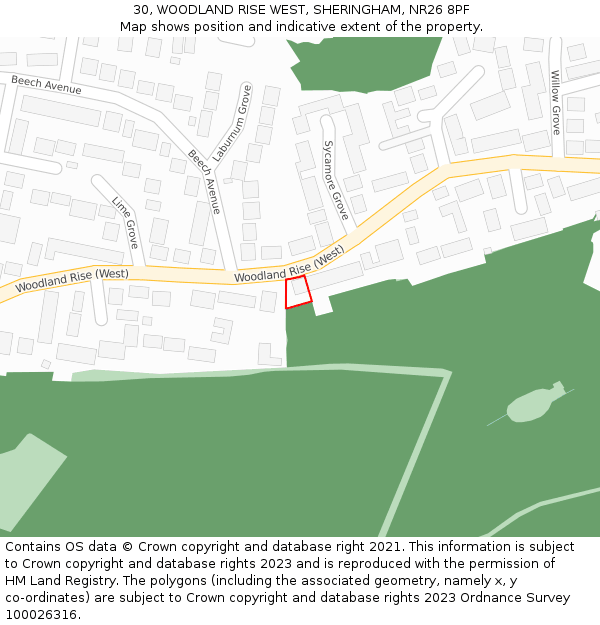 30, WOODLAND RISE WEST, SHERINGHAM, NR26 8PF: Location map and indicative extent of plot