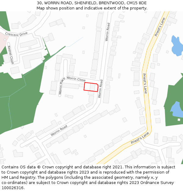 30, WORRIN ROAD, SHENFIELD, BRENTWOOD, CM15 8DE: Location map and indicative extent of plot