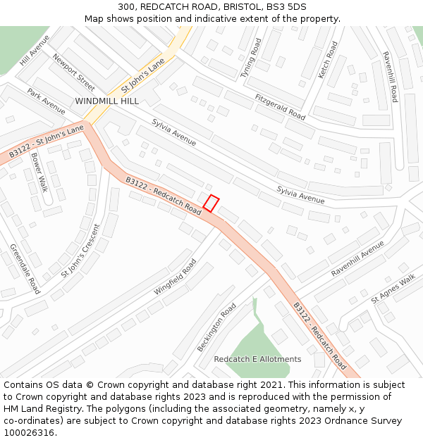 300, REDCATCH ROAD, BRISTOL, BS3 5DS: Location map and indicative extent of plot