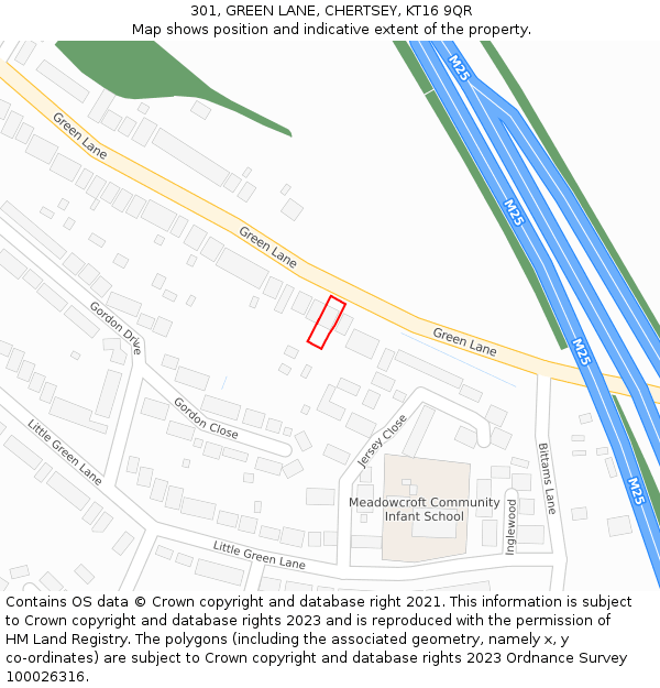 301, GREEN LANE, CHERTSEY, KT16 9QR: Location map and indicative extent of plot