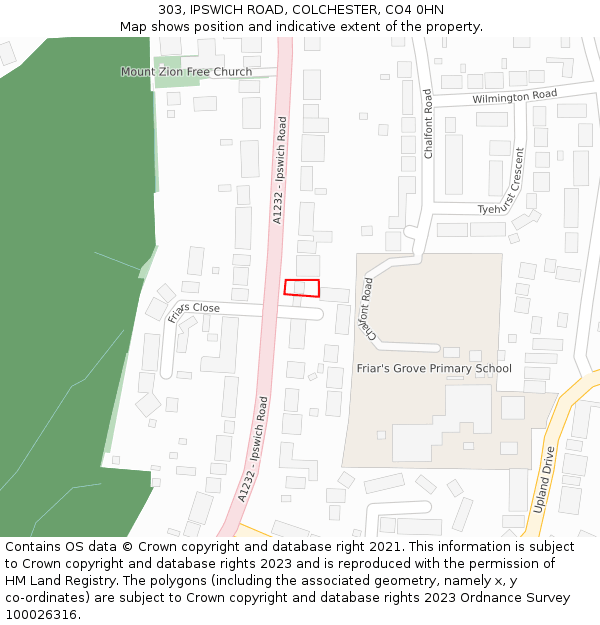 303, IPSWICH ROAD, COLCHESTER, CO4 0HN: Location map and indicative extent of plot