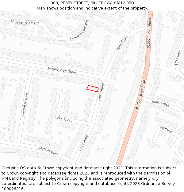 303, PERRY STREET, BILLERICAY, CM12 0RB: Location map and indicative extent of plot