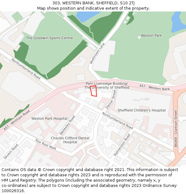 303, WESTERN BANK, SHEFFIELD, S10 2TJ: Location map and indicative extent of plot