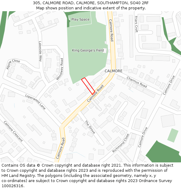 305, CALMORE ROAD, CALMORE, SOUTHAMPTON, SO40 2RF: Location map and indicative extent of plot