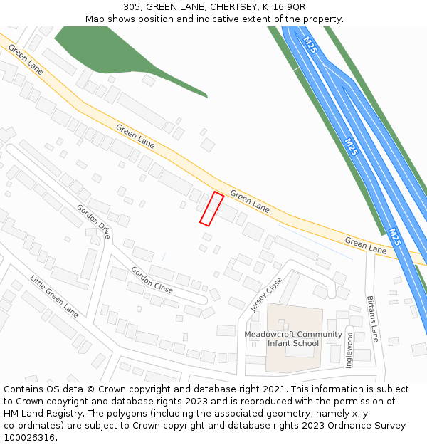 305, GREEN LANE, CHERTSEY, KT16 9QR: Location map and indicative extent of plot