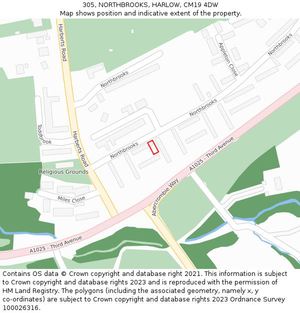 305, NORTHBROOKS, HARLOW, CM19 4DW: Location map and indicative extent of plot