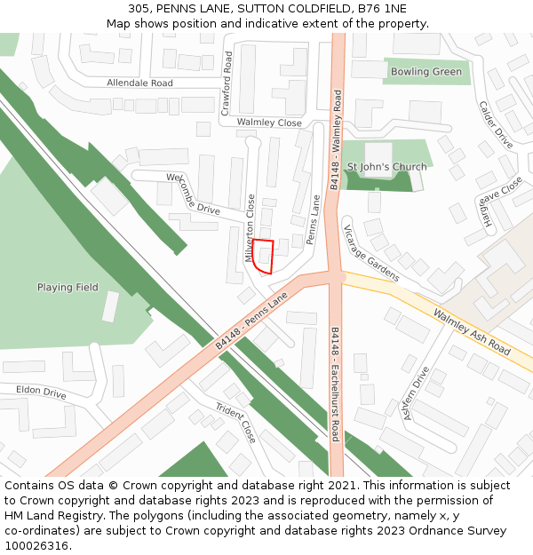 305, PENNS LANE, SUTTON COLDFIELD, B76 1NE: Location map and indicative extent of plot