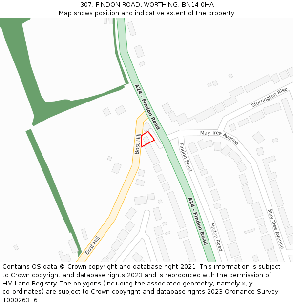 307, FINDON ROAD, WORTHING, BN14 0HA: Location map and indicative extent of plot