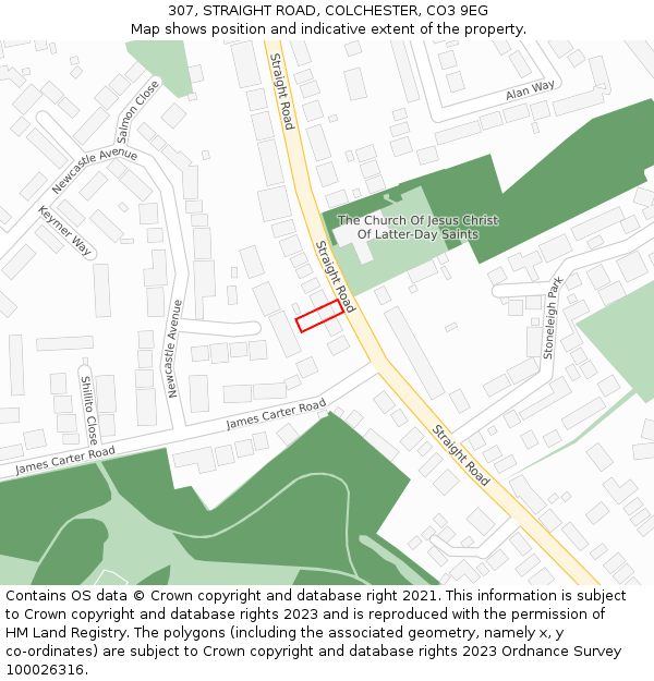 307, STRAIGHT ROAD, COLCHESTER, CO3 9EG: Location map and indicative extent of plot