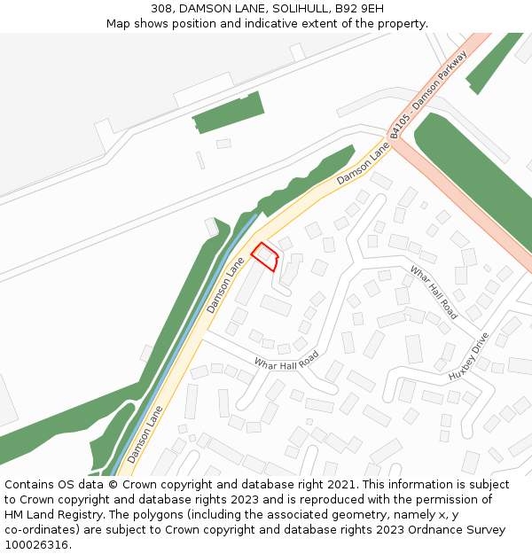 308, DAMSON LANE, SOLIHULL, B92 9EH: Location map and indicative extent of plot