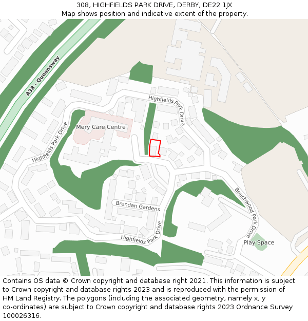 308, HIGHFIELDS PARK DRIVE, DERBY, DE22 1JX: Location map and indicative extent of plot