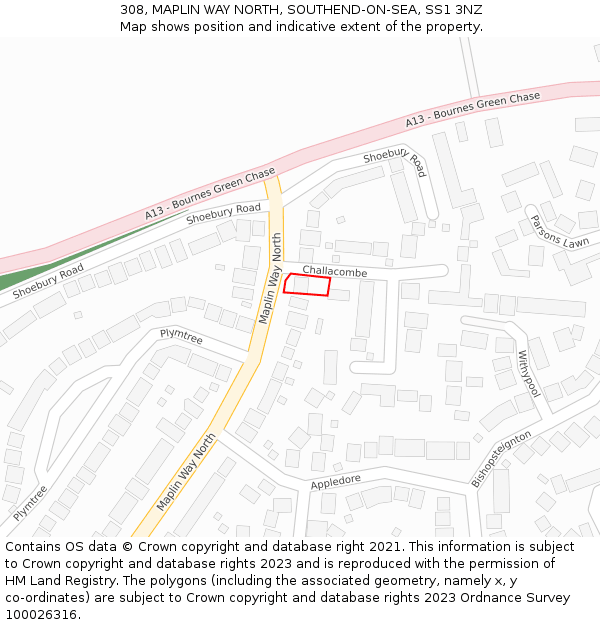 308, MAPLIN WAY NORTH, SOUTHEND-ON-SEA, SS1 3NZ: Location map and indicative extent of plot