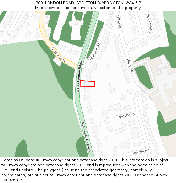 309, LONDON ROAD, APPLETON, WARRINGTON, WA4 5JB: Location map and indicative extent of plot