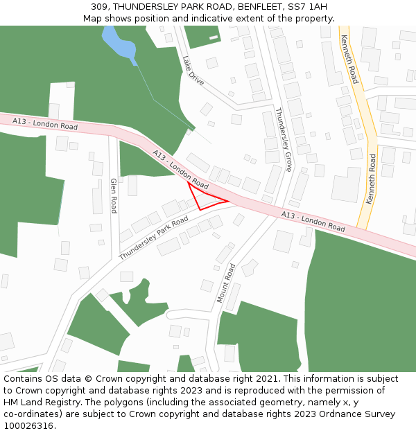 309, THUNDERSLEY PARK ROAD, BENFLEET, SS7 1AH: Location map and indicative extent of plot