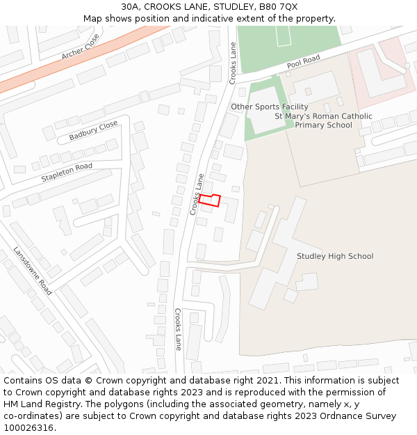30A, CROOKS LANE, STUDLEY, B80 7QX: Location map and indicative extent of plot