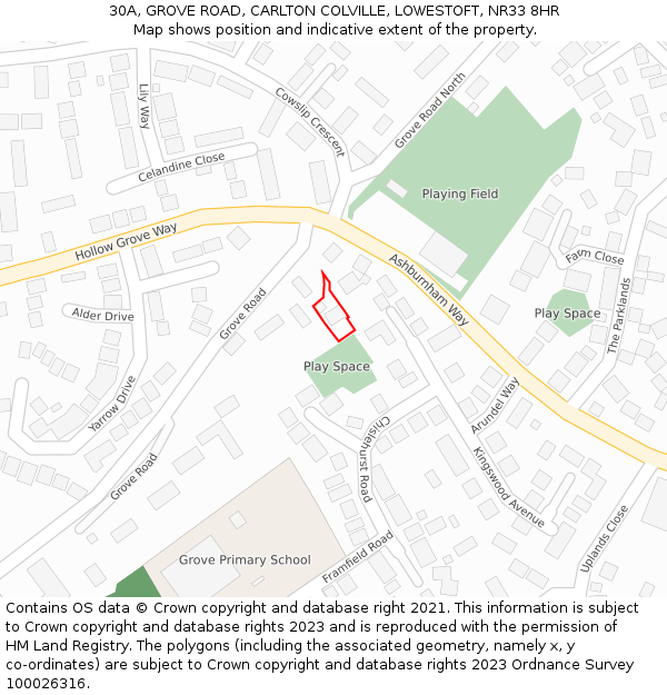 30A, GROVE ROAD, CARLTON COLVILLE, LOWESTOFT, NR33 8HR: Location map and indicative extent of plot
