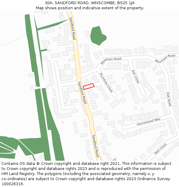 30A, SANDFORD ROAD, WINSCOMBE, BS25 1JA: Location map and indicative extent of plot