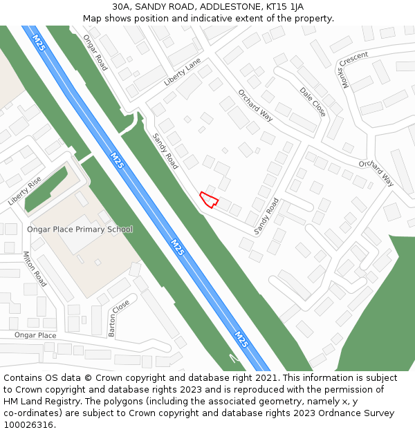30A, SANDY ROAD, ADDLESTONE, KT15 1JA: Location map and indicative extent of plot