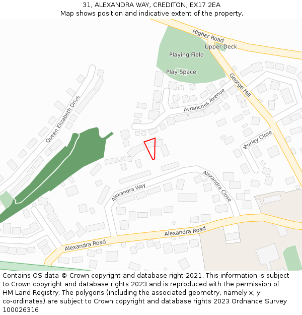 31, ALEXANDRA WAY, CREDITON, EX17 2EA: Location map and indicative extent of plot