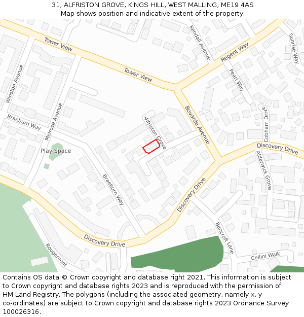 31, ALFRISTON GROVE, KINGS HILL, WEST MALLING, ME19 4AS: Location map and indicative extent of plot