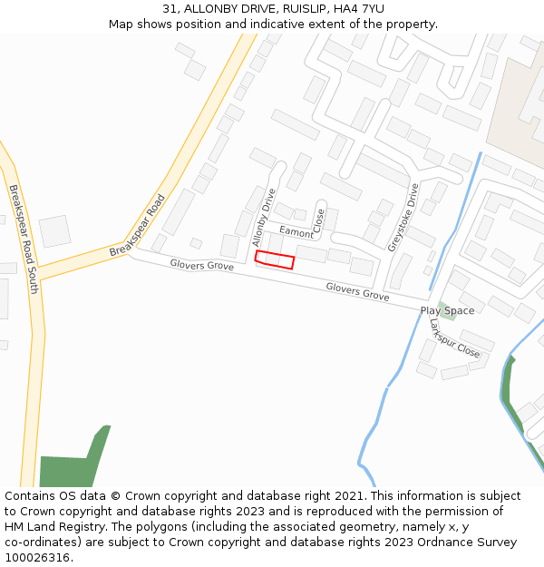 31, ALLONBY DRIVE, RUISLIP, HA4 7YU: Location map and indicative extent of plot