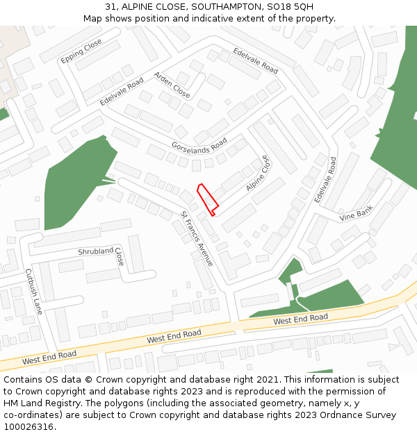 31, ALPINE CLOSE, SOUTHAMPTON, SO18 5QH: Location map and indicative extent of plot