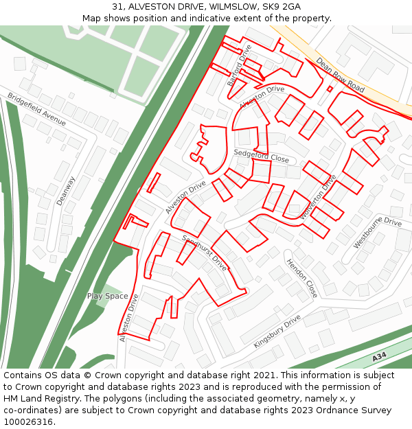 31, ALVESTON DRIVE, WILMSLOW, SK9 2GA: Location map and indicative extent of plot
