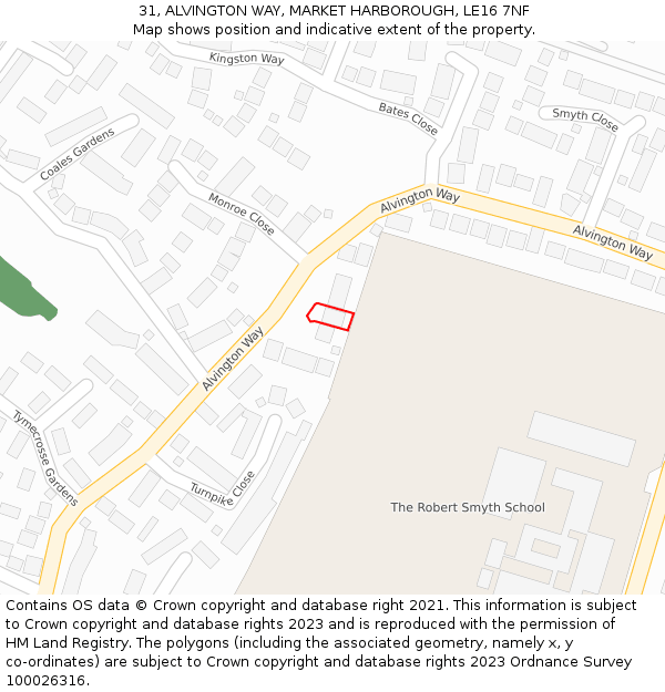 31, ALVINGTON WAY, MARKET HARBOROUGH, LE16 7NF: Location map and indicative extent of plot