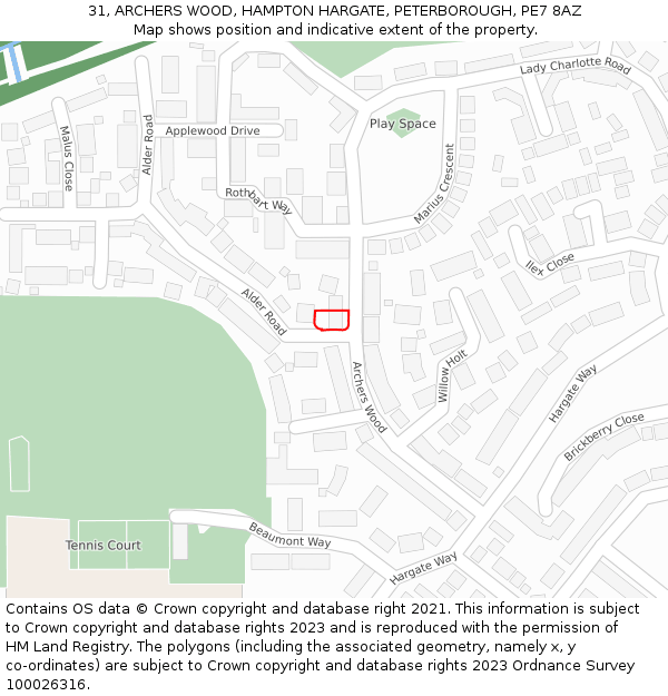 31, ARCHERS WOOD, HAMPTON HARGATE, PETERBOROUGH, PE7 8AZ: Location map and indicative extent of plot