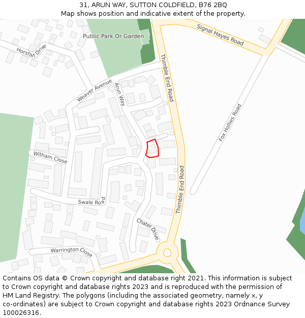31, ARUN WAY, SUTTON COLDFIELD, B76 2BQ: Location map and indicative extent of plot
