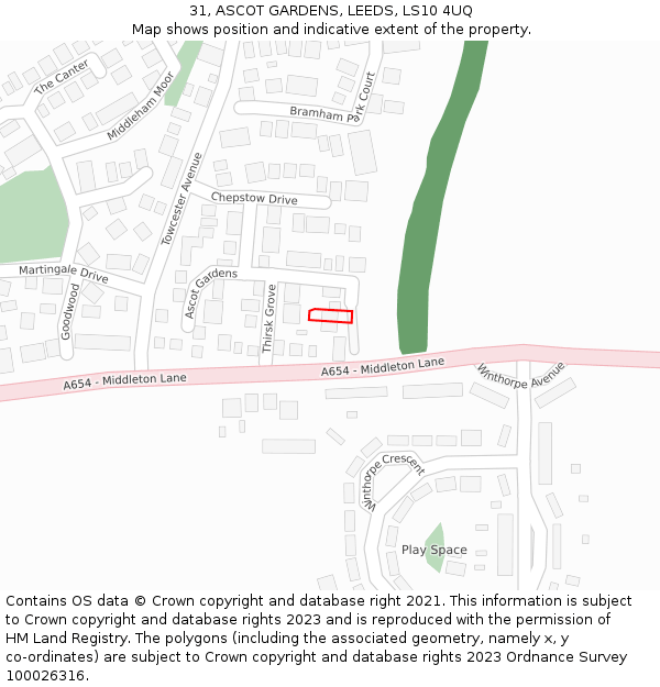 31, ASCOT GARDENS, LEEDS, LS10 4UQ: Location map and indicative extent of plot