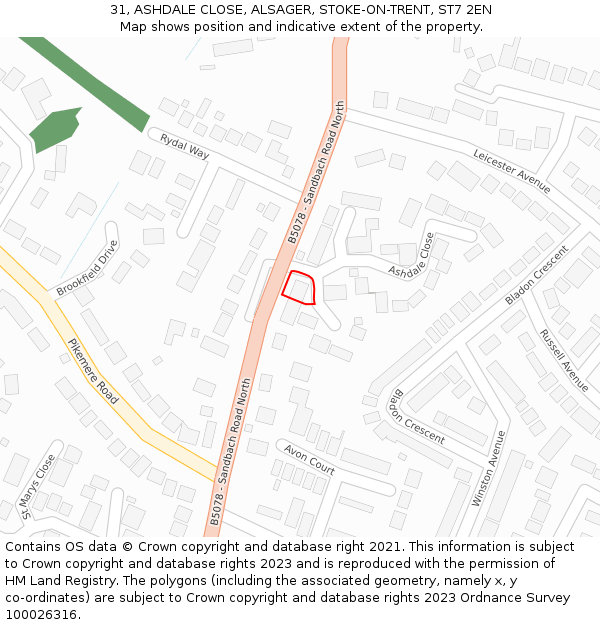 31, ASHDALE CLOSE, ALSAGER, STOKE-ON-TRENT, ST7 2EN: Location map and indicative extent of plot