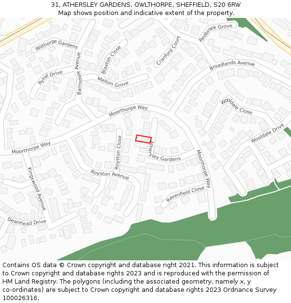 31, ATHERSLEY GARDENS, OWLTHORPE, SHEFFIELD, S20 6RW: Location map and indicative extent of plot