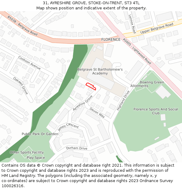31, AYRESHIRE GROVE, STOKE-ON-TRENT, ST3 4TL: Location map and indicative extent of plot